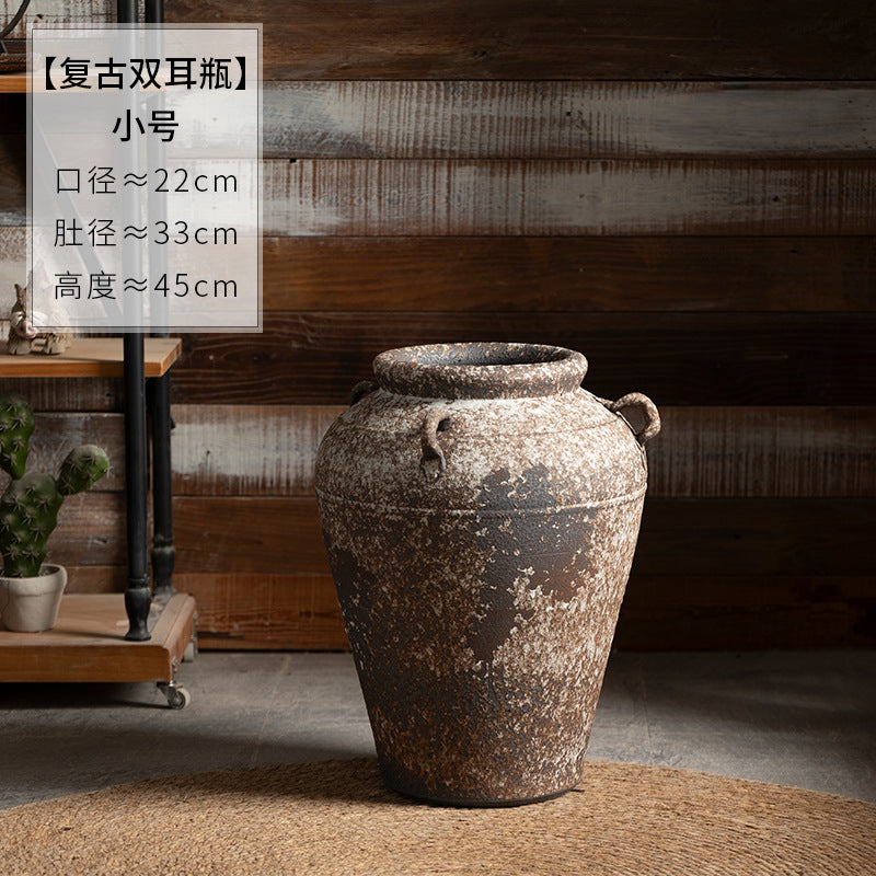 Small rustic double-handle ceramic urn 45 cm high