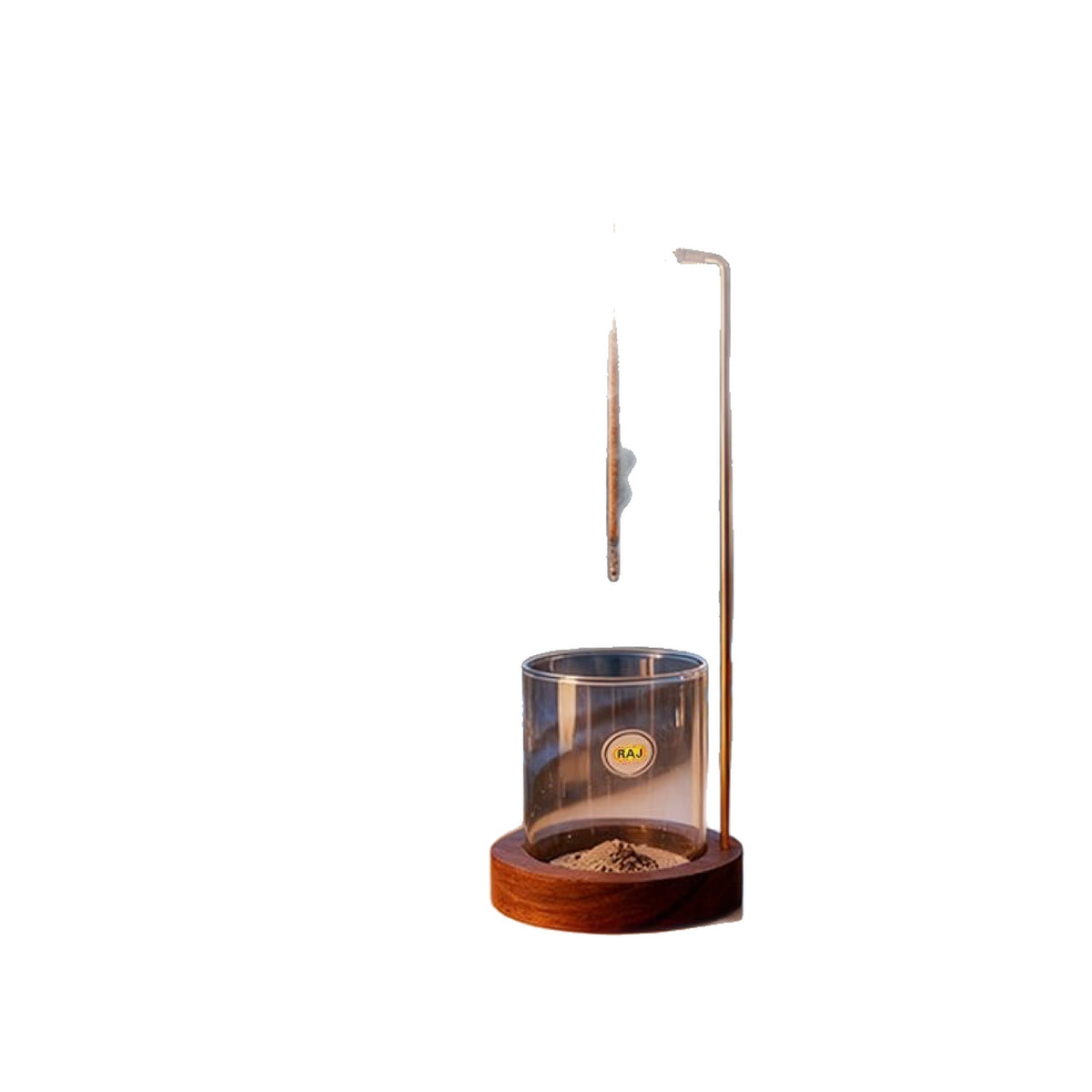 Upside-down hanging incense burner with wooden base glass ash cup and metal stand