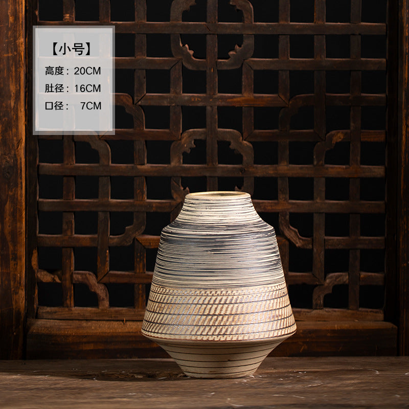 Small grey ochre striped textured ceramic vase 20 cm high
