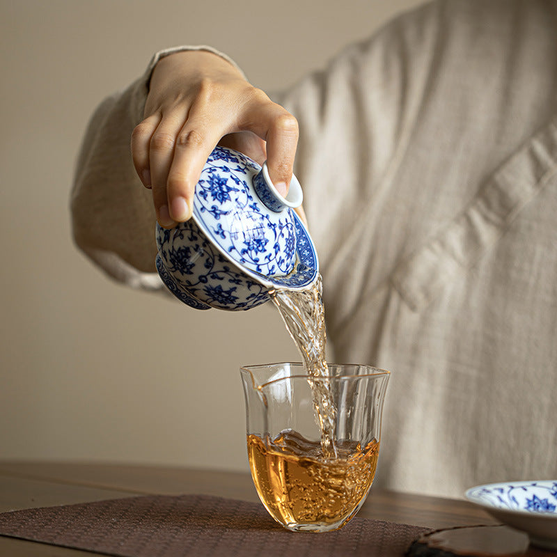 Authentic Jingdezhen Hand-Painted Luxury Underglaze Blue & White Porcelain Sancai Gaiwan - 160ml Anti-Scald Gongfu Tea Bowl