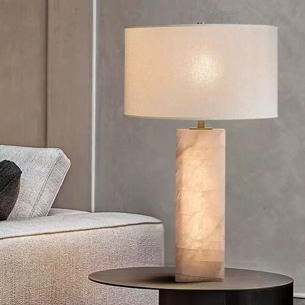 Cloud stone rectangular column table lamp with white drum shade