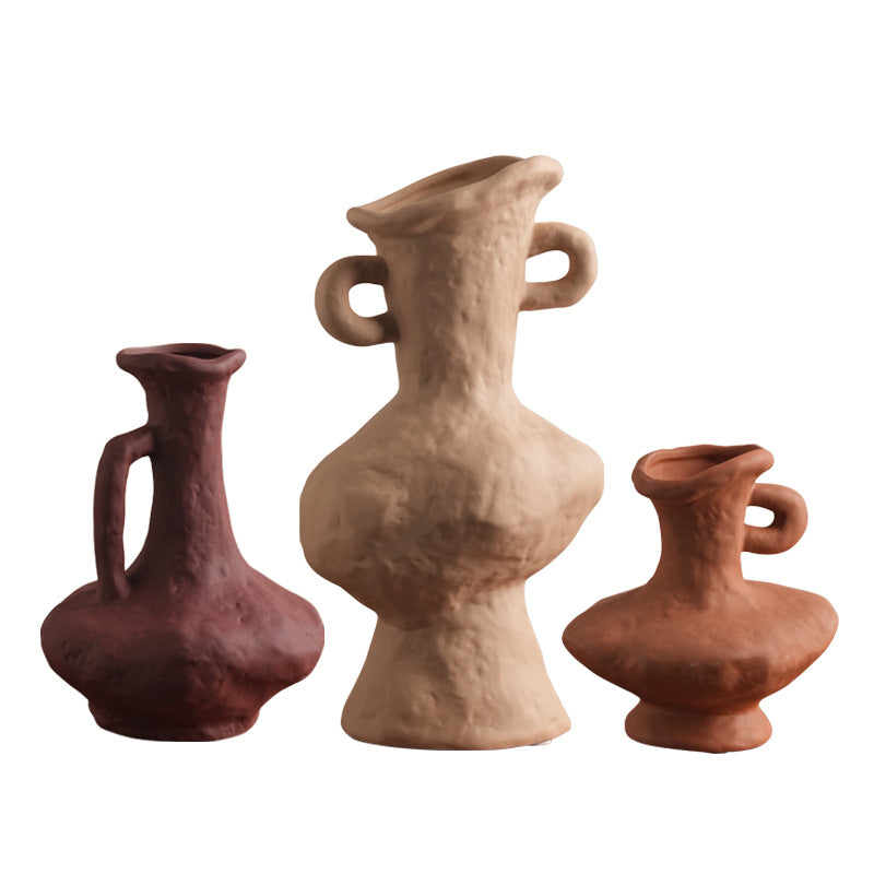 Rustic handmade ceramic vase trio in terracotta, wine red and ivory