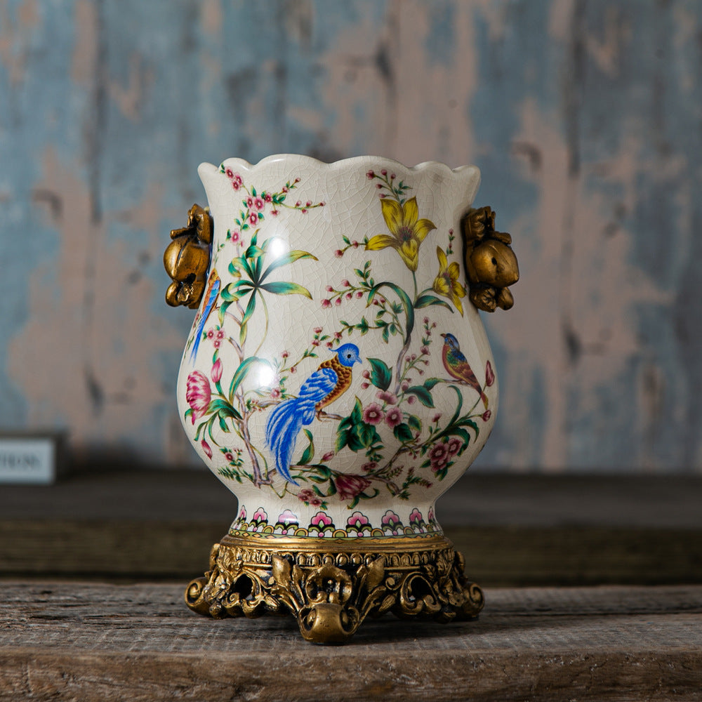 Vintage European ceramic vase with peacock and multicolor floral garden pattern