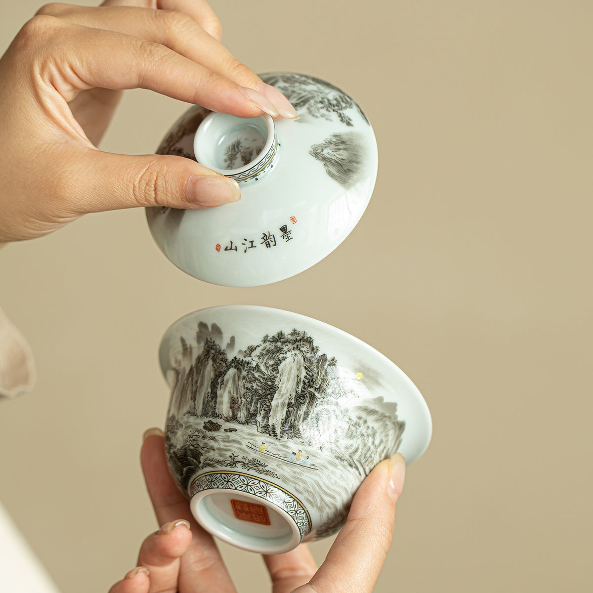 Antique Ink Rhyme Rivers & Mountains Three Treasures Anti-Scald Ceramic Gaiwan - 170ml Tea Bowl
