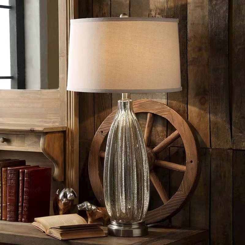 Large silver mercury glass vase table lamp with white drum shade