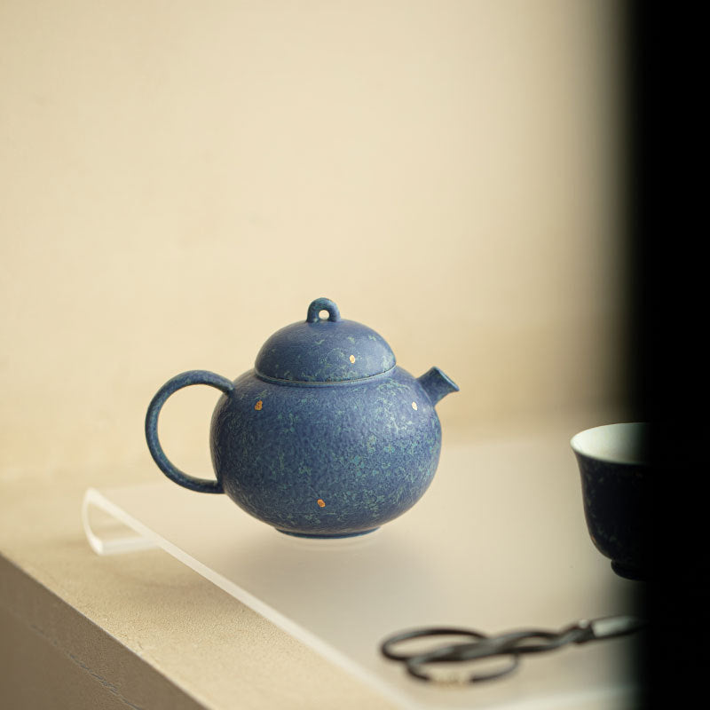 Authentic Jingdezhen Raw Mineral Sapphire Blue Gold-Splashed Sphere Teapot - 180ml Gongfu Teapot