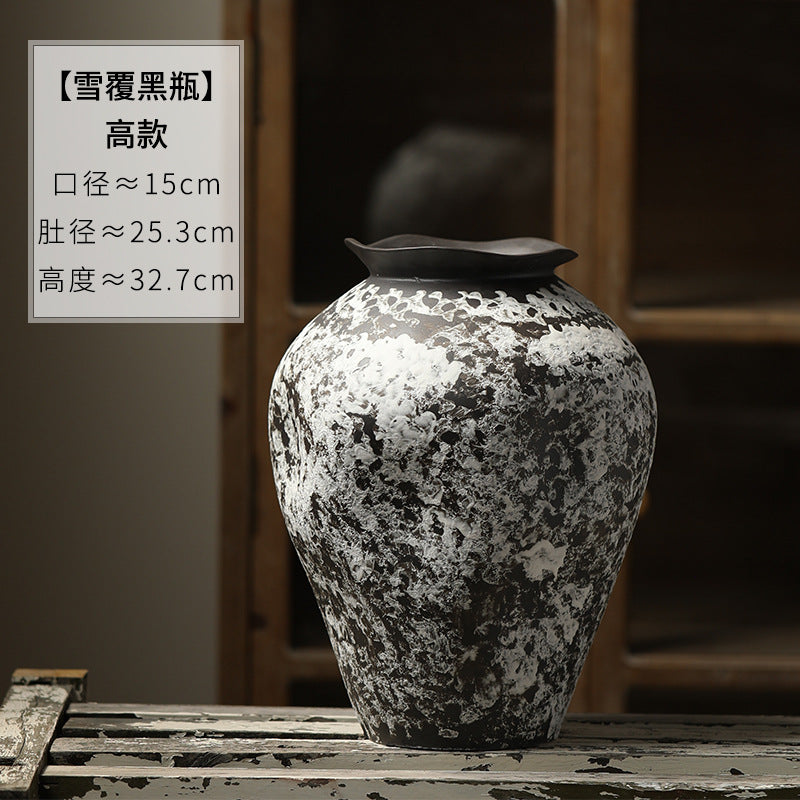 Snow-texture black ceramic vase medium 32.7 cm size