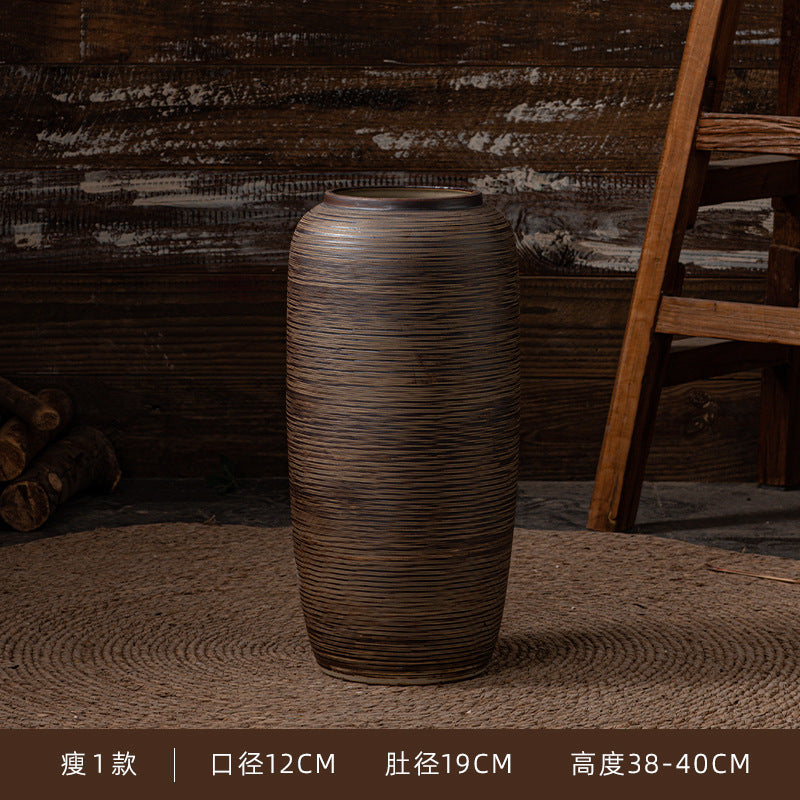 Slim bronze brown ribbed ceramic floor vase 38 to 40 cm high