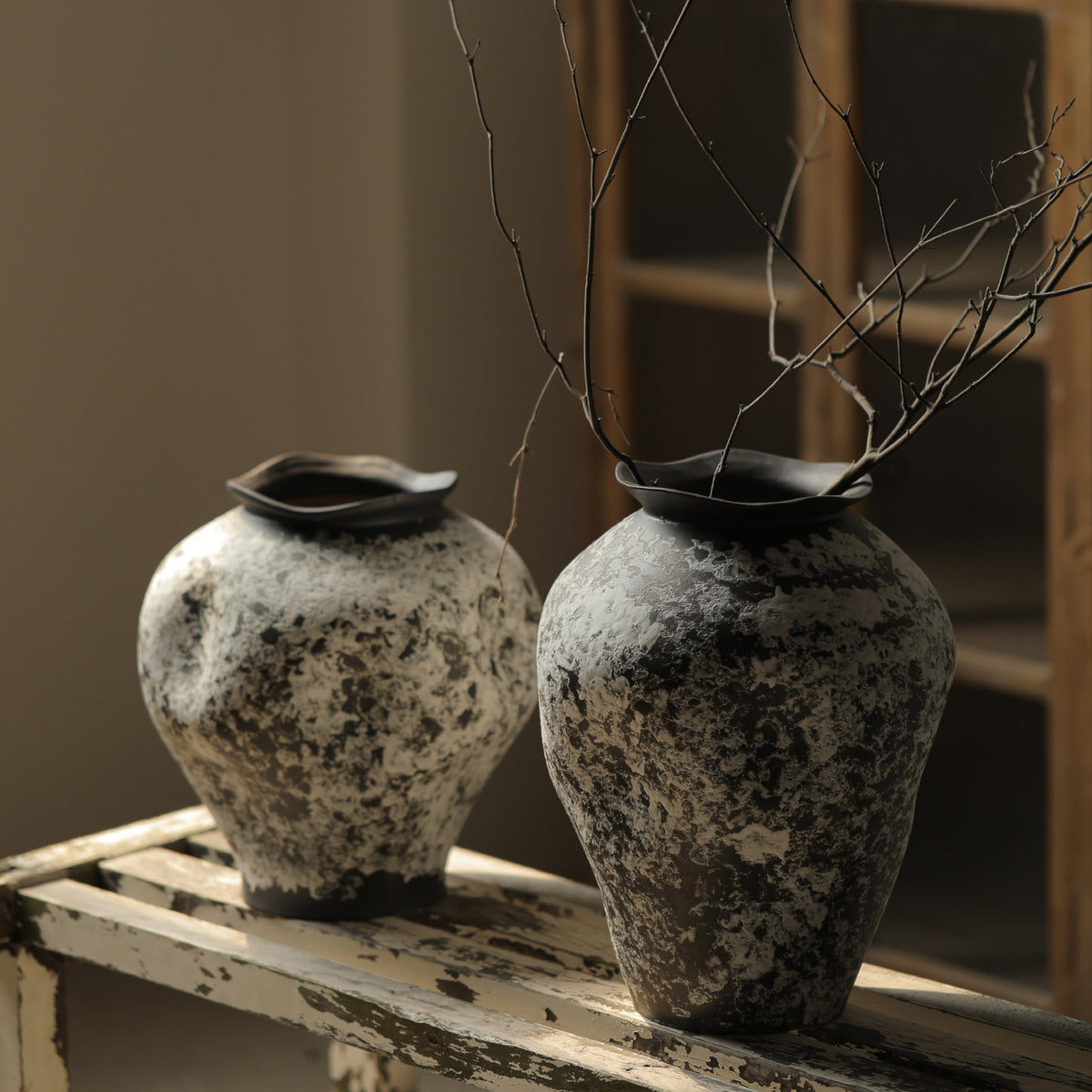 Black and white snow-texture ceramic vase pair in two sizes
