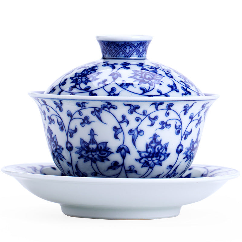 Authentic Jingdezhen Hand-Painted Luxury Underglaze Blue & White Porcelain Sancai Gaiwan - 160ml Anti-Scald Gongfu Tea Bowl