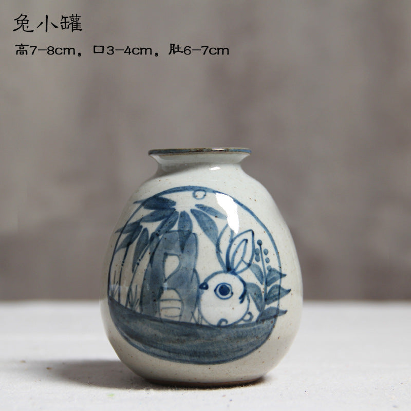 Hand-painted blue white rabbit motif ceramic mini vase, 7 to 8 cm