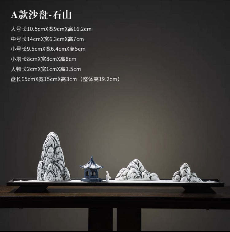 New Chinese Ceramic Mountain Sand-Tray Landscape – Pavilion, Scholar & Snow Peak Zen Tabletop Decor Collection