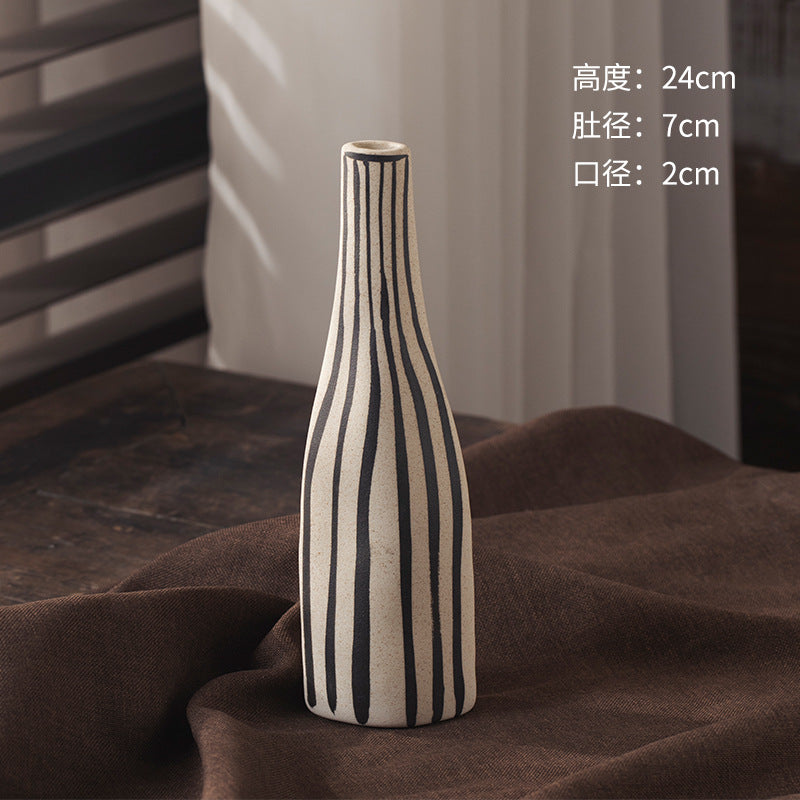 Ivory black-line art tall striped bottle ceramic vase 24 cm high