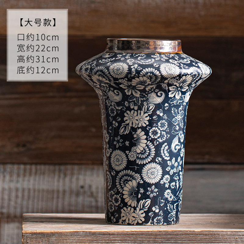 Dark indigo floral flared-shoulder ceramic vase, Large, 31 cm high