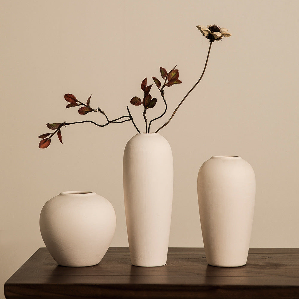 Matte ivory mini ceramic vase trio with delicate branches