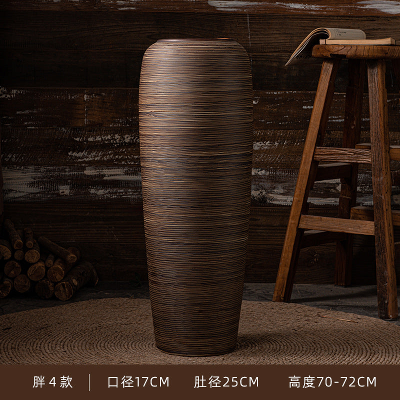 Tall wide bronze brown ribbed ceramic floor vase 70 to 72 cm high