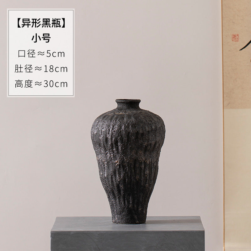 Small charcoal black textured ceramic vase 30 cm high