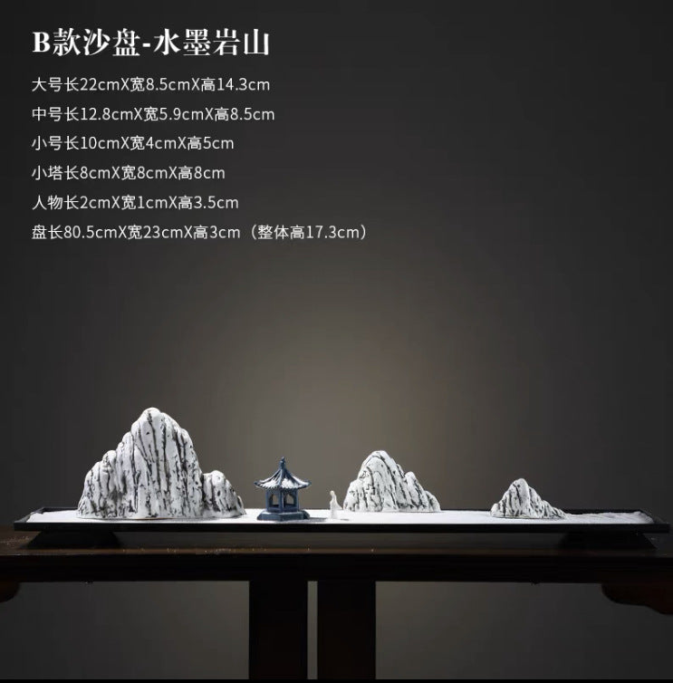 New Chinese Ceramic Mountain Sand-Tray Landscape – Pavilion, Scholar & Snow Peak Zen Tabletop Decor Collection