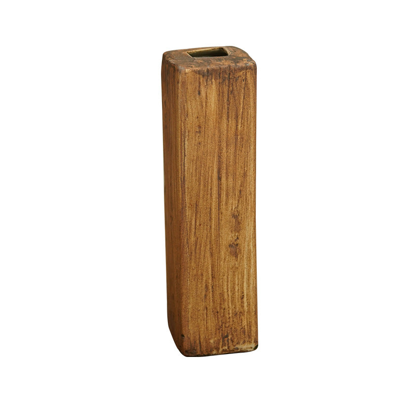 Faux wood grain rectangular ceramic bud vase isolated product view