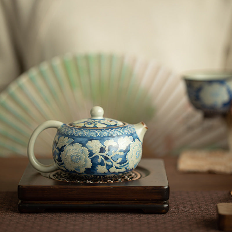 Authentic Jingdezhen Ru Ware Sky Blue Celadon Crackle Xishi Teapot with Sculpted Peony Relief - 200ml Living Patina Tea Pot