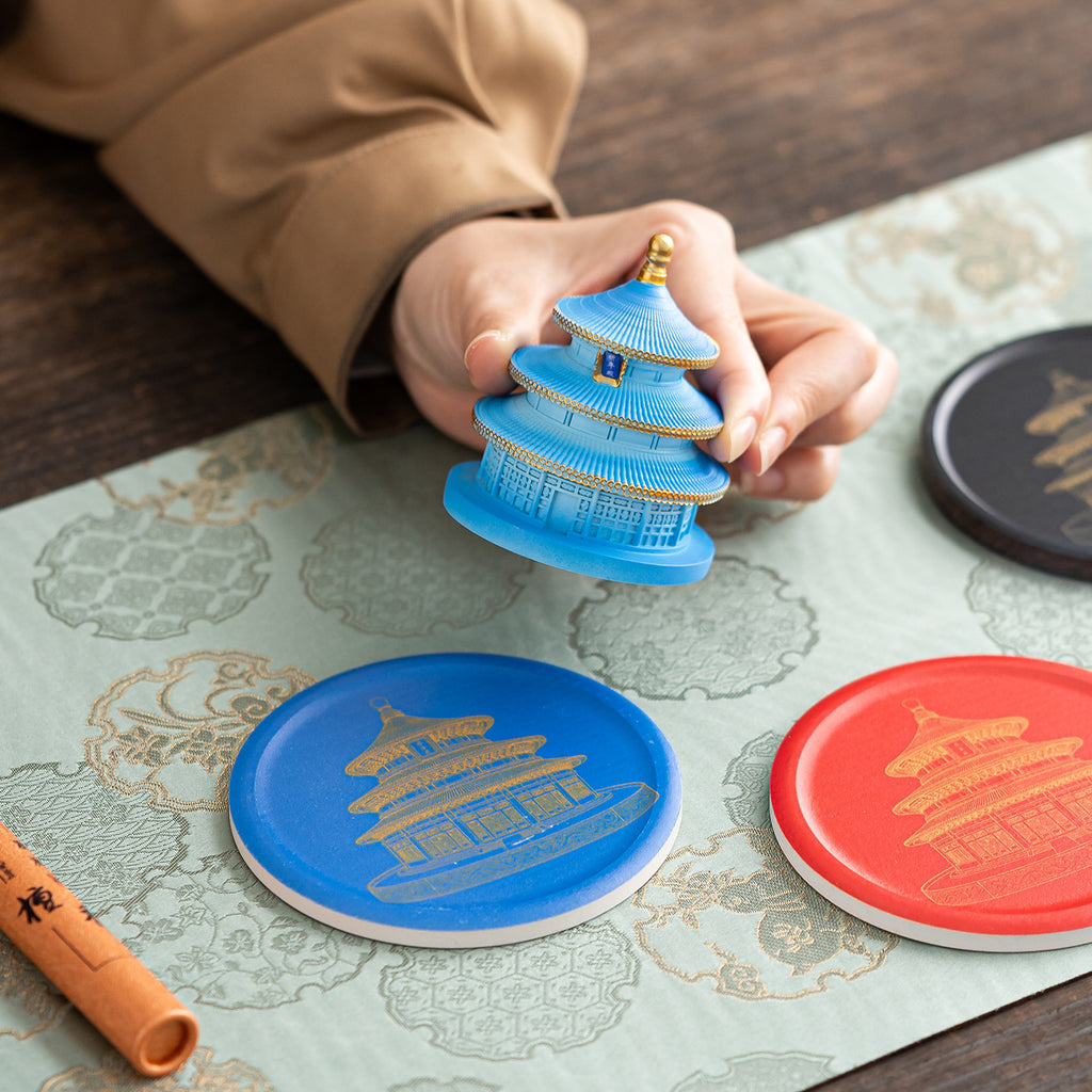 Temple of Heaven incense holders with matching red blue and black trays