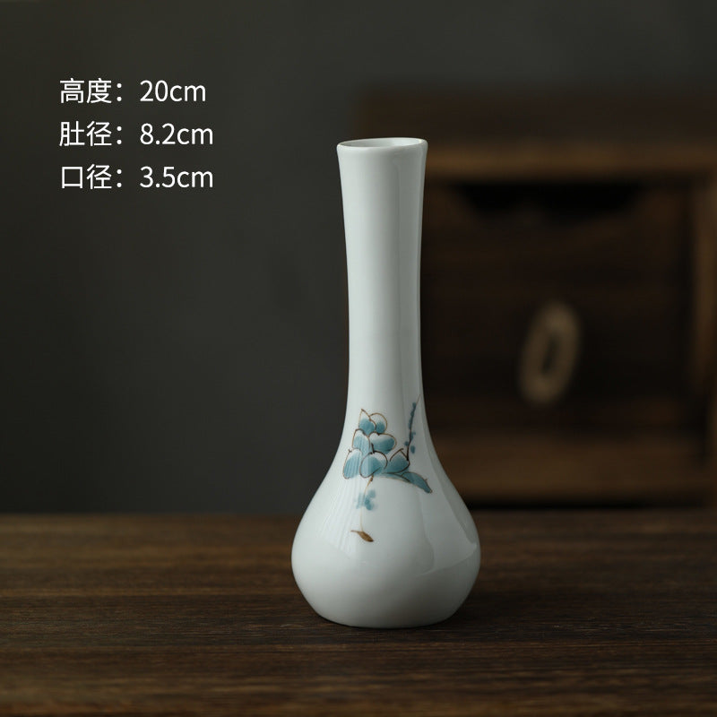 White blue floral long-neck ceramic bud vase 20 cm high