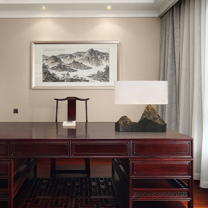 Landscape mountain resin table lamp with warm white fabric shade
