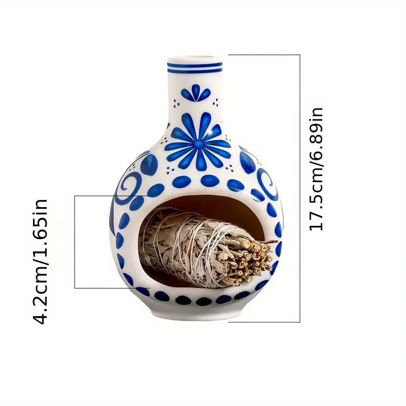 Blue and white floral ceramic sacred wood burner approximately 17.5 cm high