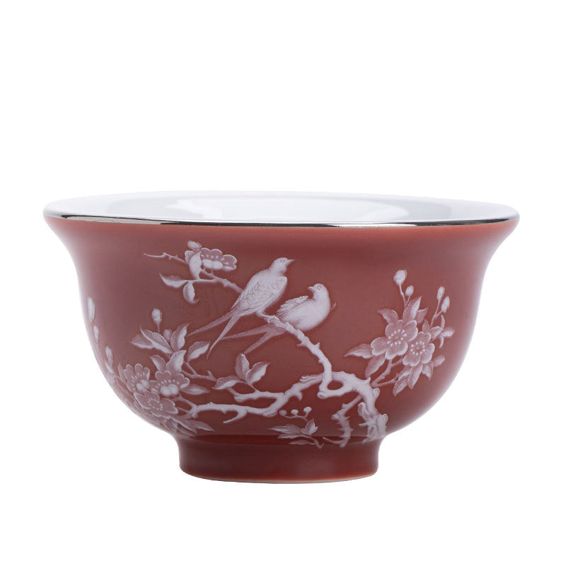Authentic Jingdezhen Coral Red Raised-White Magpie & Plum Yashou Master Teacup - 90ml Gongfu Teacup