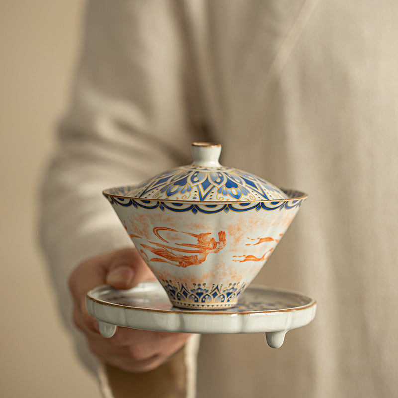 Authentic Jingdezhen Handcrafted Dunhuang Flying Apsaras Stone Rubbing Porcelain Horseshoe Sancai Gaiwan & Conical Cup Set - 160ml