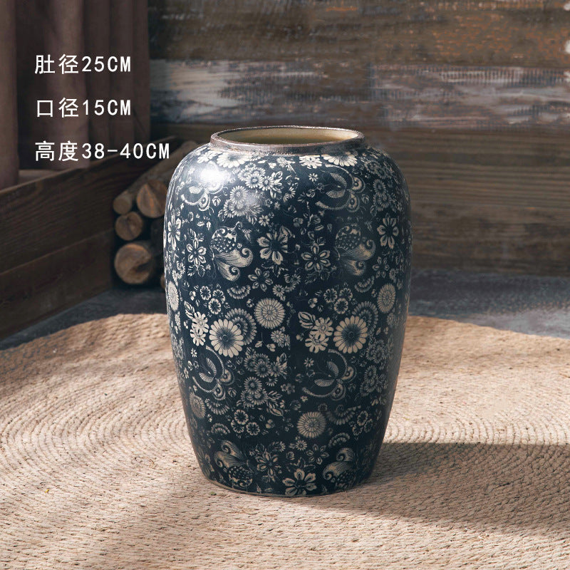 Indigo floral wide floor vase 38 to 40 cm high
