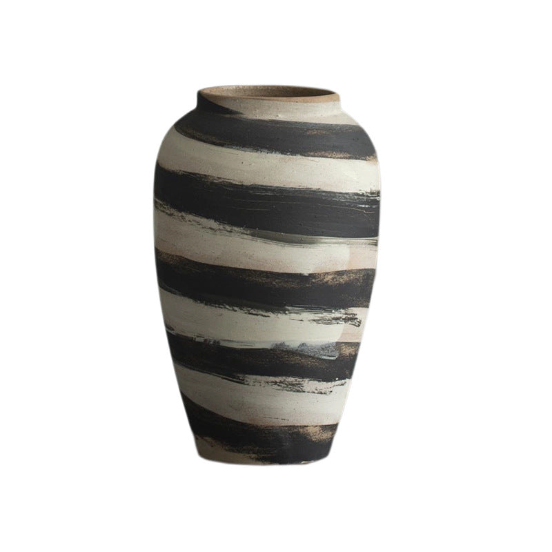 Charcoal cream striped rustic ceramic vase isolated front view