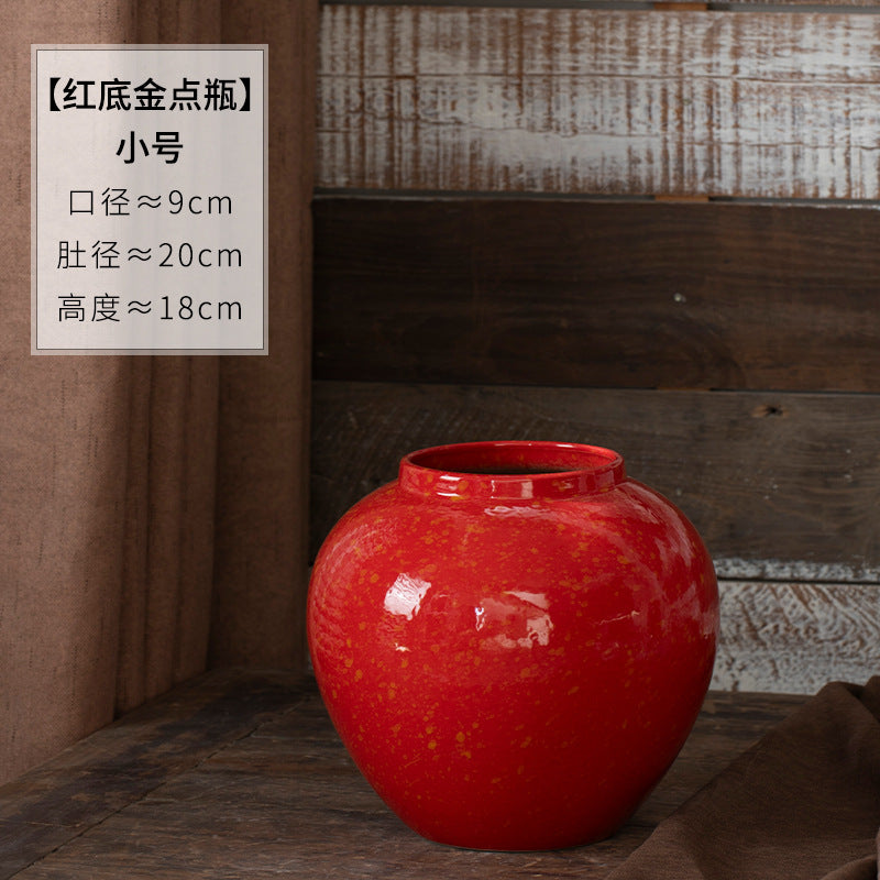 Red gold-speckled ceramic vase, small rounded 18 cm size