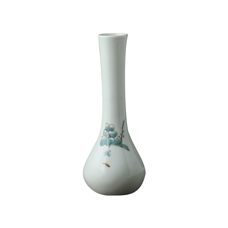 White blue floral ceramic bud vase isolated product view