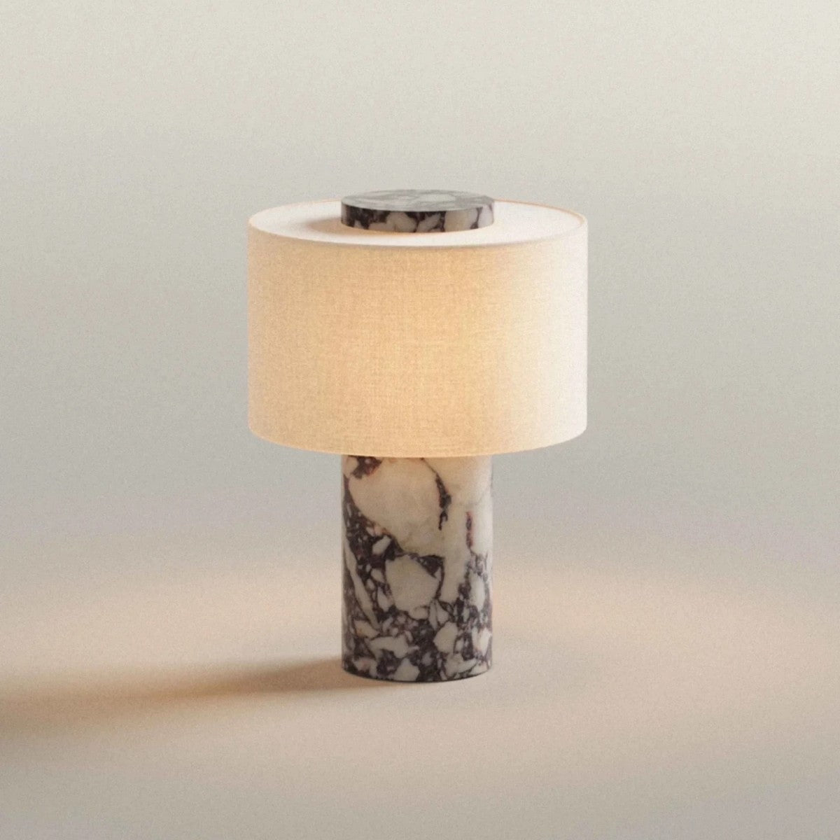 Bulgari marble bedside lamp with cylindrical fabric shade
