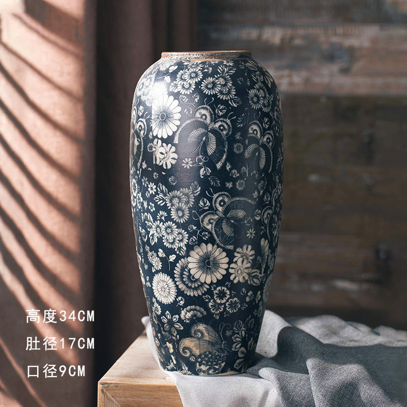 Indigo floral tabletop vase large 34 cm high