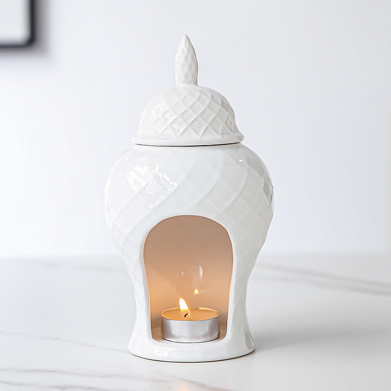 White diamond texture ceramic essential oil burner front view