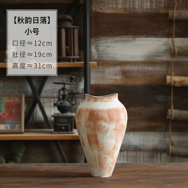 Rustic cream terracotta ceramic vase in New Chinese style interior