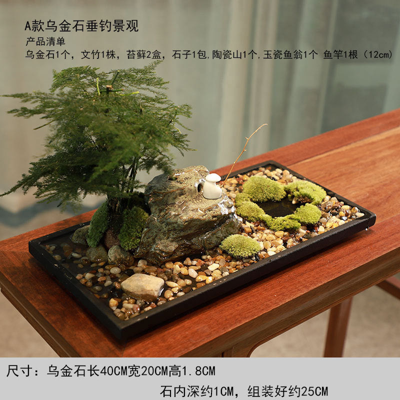 40 cm black stone fishing garden with fern moss pebbles ceramic mountain and miniature angler