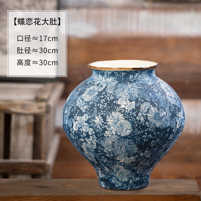 Indigo butterfly-flower wide belly ceramic vase, 30 cm high detail