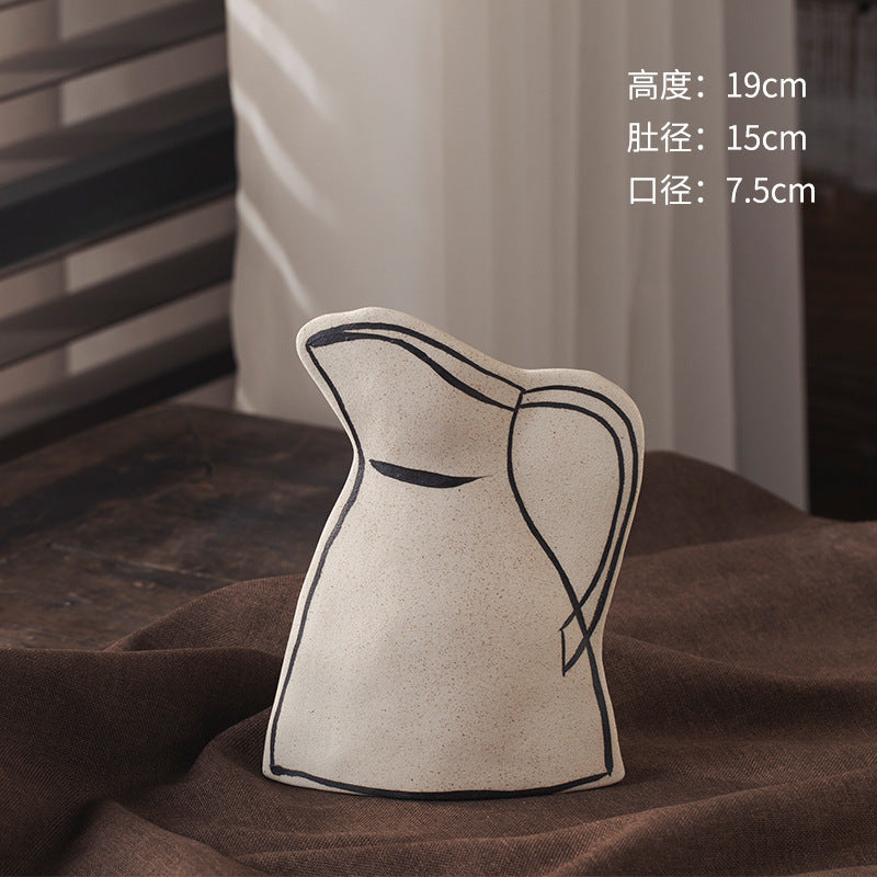 Ivory black-line art pitcher ceramic vase 19 cm high