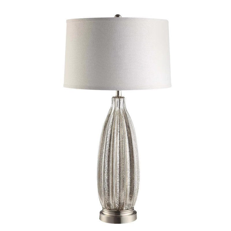 Tall silver ribbed mercury glass table lamp front view