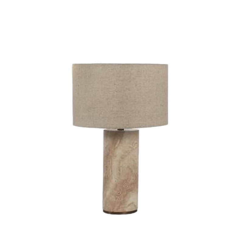 Minimal natural travertine table lamp with cylindrical stone base and fabric shade