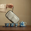Authentic Jingdezhen Yuan Blue & White Ru Ware Celadon 4-Piece Portable Travel Gongfu Tea Set with Travel Case