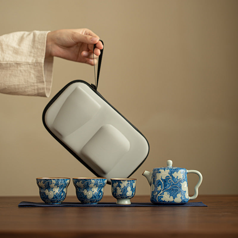 Authentic Jingdezhen Yuan Blue & White Ru Ware Celadon 4-Piece Portable Travel Gongfu Tea Set with Travel Case