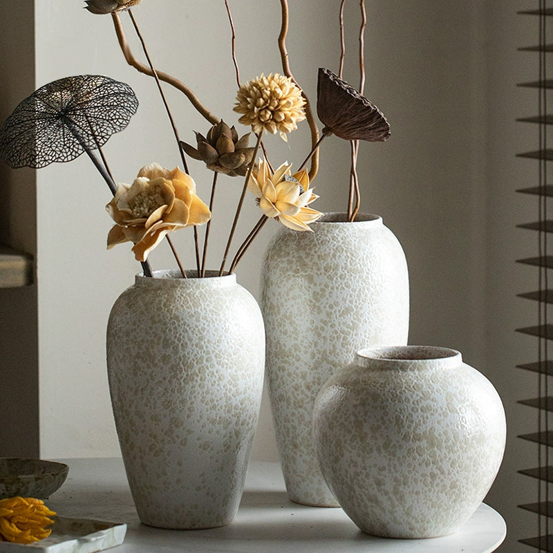 Ivory white crackle texture ceramic vase trio with dried flowers