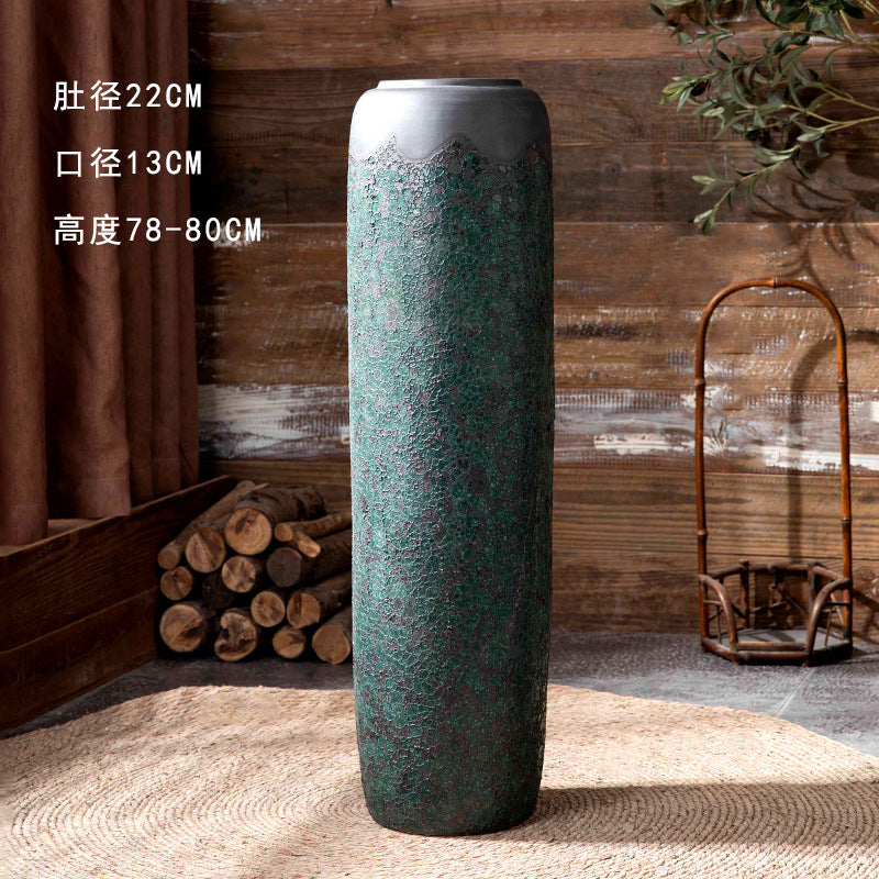 Extra tall slim green patina ceramic floor vase 78 to 80 cm high