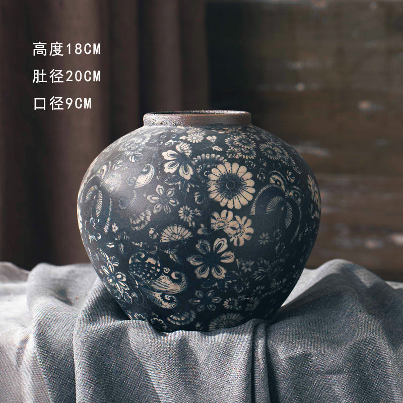 Indigo floral tabletop vase small rounded 18 cm high