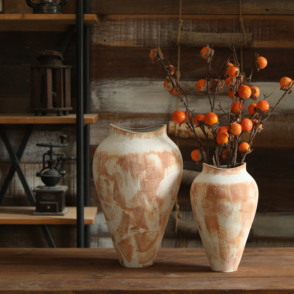 Large hand-painted cream terracotta ceramic vase 40 cm high