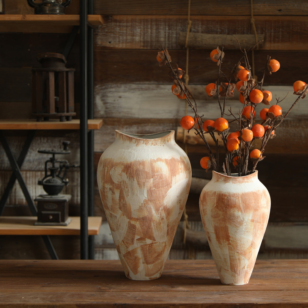 Large hand-painted cream terracotta ceramic vase 40 cm high